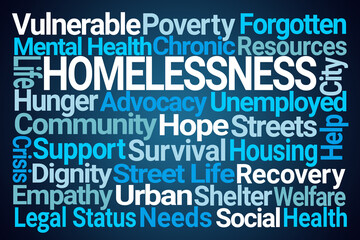 Homelessness Word Cloud on Blue Background - 769958918