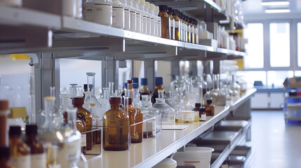 Modern Medical Research Laboratory with Microscope and Test Tubes with Biochemicals on the Desk - obrazy, fototapety, plakaty