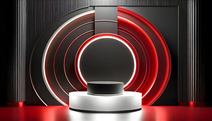 Obraz premium Set of realistic 3d background with cylinder podium. Black, red, white glowing light. Generative AI.