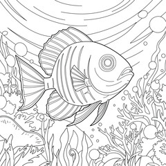 Cartoon Fish Underwater Scenery Outline Vector Illustration. Cartoon Fish Scenery Coloring Page For Adults. Fish Underwater In Aquarium. Detailed Illustration Of Fish Underwater Surround With Plants