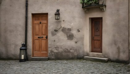 A Vintage Door With A Lantern Hanging Beside It In A Cobblestone Street