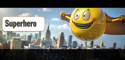 A 3D round yellow cartoon bubble emoticon dressed as a superhero, flying high above a city skyline with a cape billowing behind.