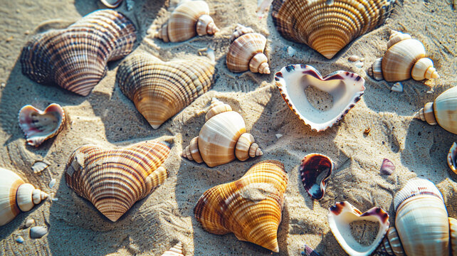 Detailed capture of heart-shaped seashells arranged on sandy beach, with room for text.