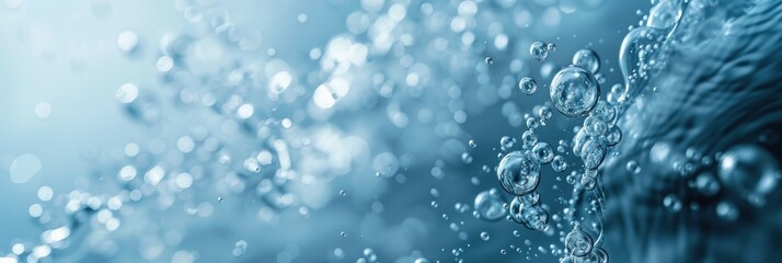 Close-up of underwater bubbles in blue - A serene underwater scene with myriad bubbles ascending towards the shimmering surface light - obrazy, fototapety, plakaty