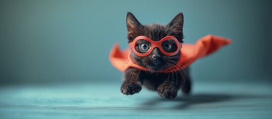 A Felidae in a cape and goggles soaring through the sky - obrazy, fototapety, plakaty