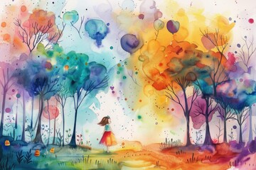 Colorful illustration of girl in magical forest - A vibrant illustration that captures a girl walking in an enchanting forest under a rainbow-colored sky