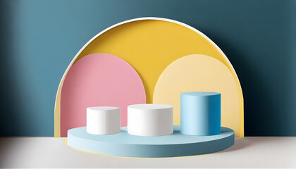 Set of white realistic 3d cylinder pedestal podium with pastel yellow, blue and pink in semi....