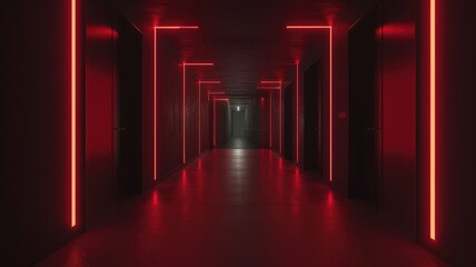 Dark corridor with red neon accent lighting - The dark, almost black environment is pierced by striking red neon lights, offering a bold and intense visual