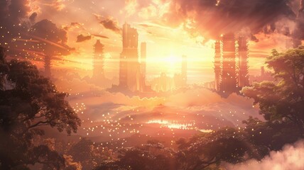 Dreamlike landscape with futuristic cityscape - A captivating view combining a surreal sunset with modern architectural wonders, portraying a utopian world