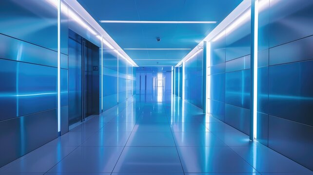 Contemporary hallway with intense blue lighting - The image captures a modern building's hallway bathed in deep blue lighting, emphasizing a clean, architectural design and spaciousness