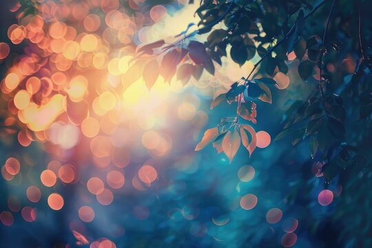 Dreamy bokeh effect on leaves with sunset light - This image features a close-up of leaves against a bokeh background, with light flares suggesting the end of a day