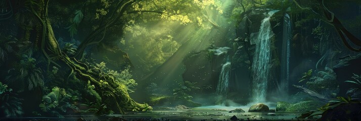 Enchanted waterfall and jungle landscape - Magical green jungle with sunbeams piercing through, highlighting a cascading waterfall and rich vegetation - obrazy, fototapety, plakaty