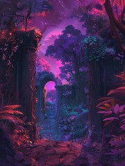 Fototapeta premium Enchanted gateway in a purple fantasy garden - An inviting gateway beckons amidst a vibrant, purple fantasy garden under a dreamy starlit sky