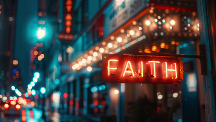 The word "FAITH" in the form of an old cinema marquee in a city with blurred streetlights in the background.