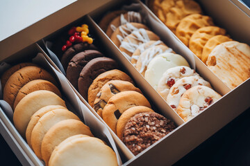A variety of cookies are arranged in a box including chocolate chip oatmeal and sugar cookies - obrazy, fototapety, plakaty