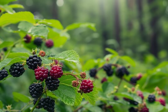Blackberry Fruits on Bush in Blackberries Farm, blackberry Garden. Harvest or Picking BlackBerry, Ripening Blackberries closeup, blackberry in the garden closeup, blackberry garden, fresh fruits 