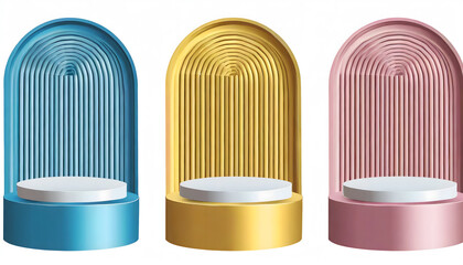 Set of yellow, blue, pink and white cylinder pedestal podium. Vertical texture in arch windo....