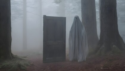 A Weathered Door With A Ghostly Figure Standing Beside It In A Misty Forest