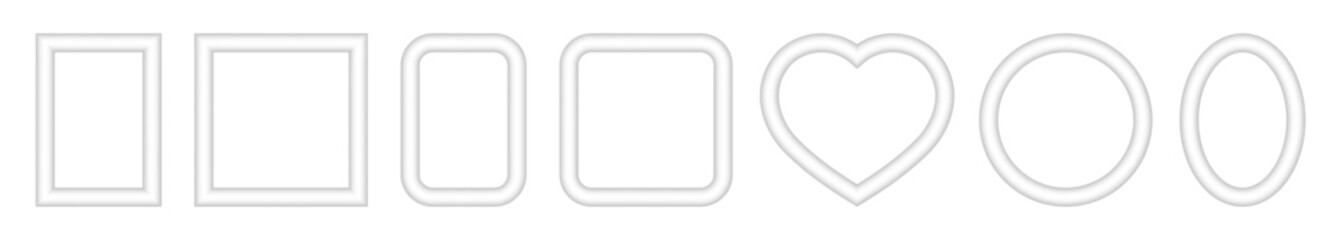Set of white frames. Square, rectangular, round, oval and heart-shaped pictures. Rounded angles. Poster or painting mockup on a transparent background. 3d photo frame