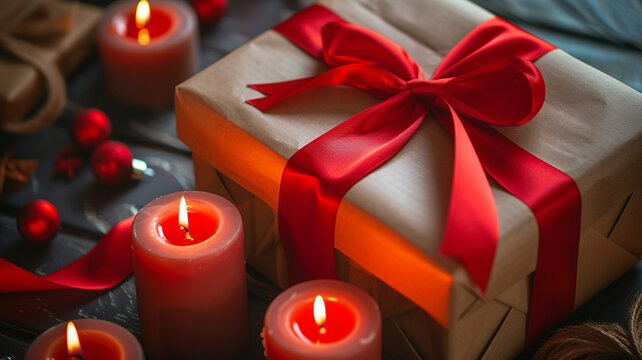 Detailed shot showcasing the rustic elegance of a gift box wrapped in kraft paper, adorned with a vivid red ribbon, and accompanied by flickering candles.