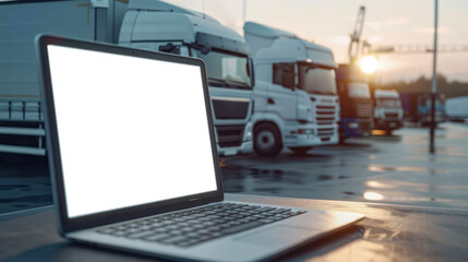 An image showing an open laptop on a table with an empty screen, trucks in the background against a sunset sky