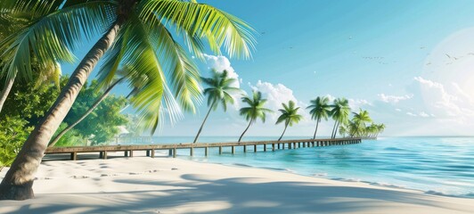 palm on a beautiful tropical sand beach, sunny weather - obrazy, fototapety, plakaty