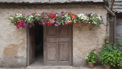 Fototapeta na wymiar A Wooden Door With A Basket Of Flowers Hanging On It In A Village (3)