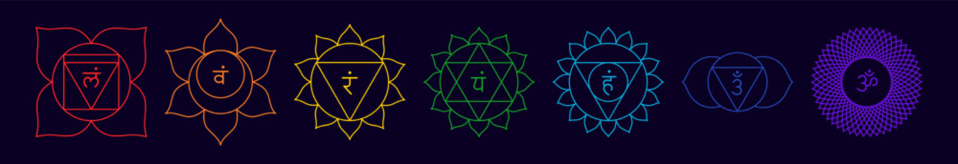 Chakra set, line art symbols. Meditation, spirituality, energy, healing vector illustration icon set on dark background