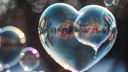 Extreme close-up of heart-shaped soap bubbles floating in the air, space for customization.