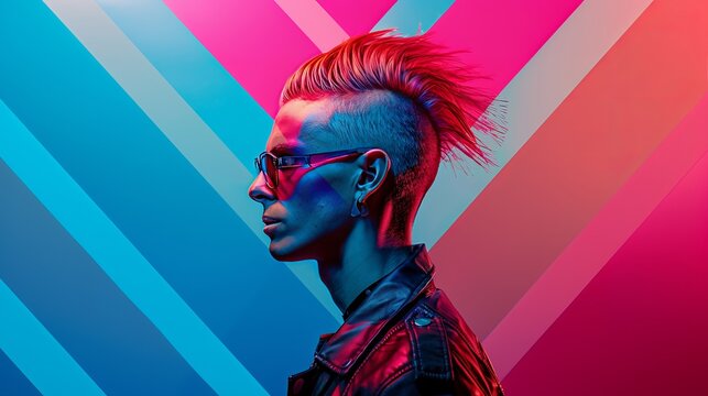 Male with mohawk haircut with abstract form and colors in the background.