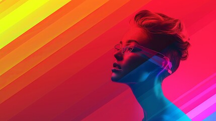 Model woman with mohawk haircut with abstract colours and background.