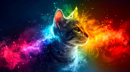 A serene portrait of a kitten surrounded by watercolor auroras, with its fur patterned in a spectrum of soft, ethereal lights