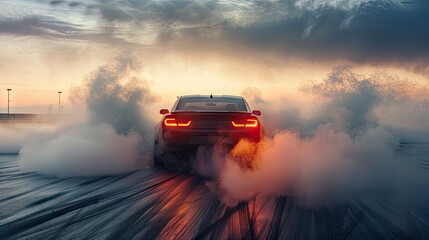 Drift mastery! Professional driver expertly maneuvers a racing car, creating smoke trails on the fast track, igniting excitement. - obrazy, fototapety, plakaty