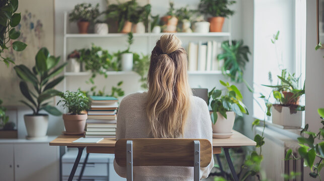Business concept. Female employee preparing business presentation in her spare time. Back shot.Start-up employee is working on her presentation.