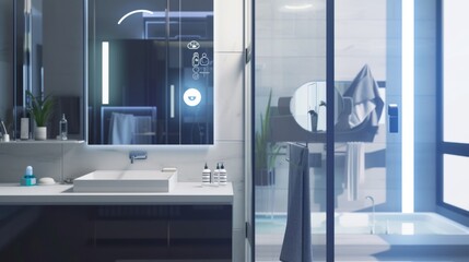 View of a contemporary bathroom equipped with a sophisticated digital interface reflecting smart home technology