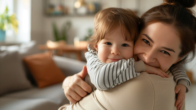 Mother and child hugging in the home. Mother's Day background image