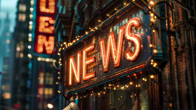 The word "NEWS" in the form of an old cinema marquee in a city with blurred streetlights in the background.