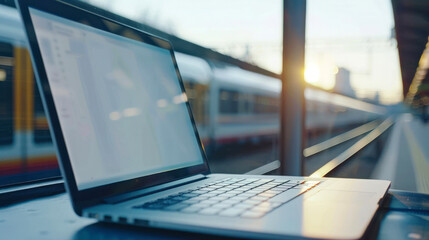 Intimate shot of a laptop on a bench with a train platform view, highlighting work on the move - obrazy, fototapety, plakaty