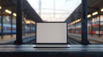 The laptop stands open on a station bench with dim evening light, hinting at the life of a commuter or traveler