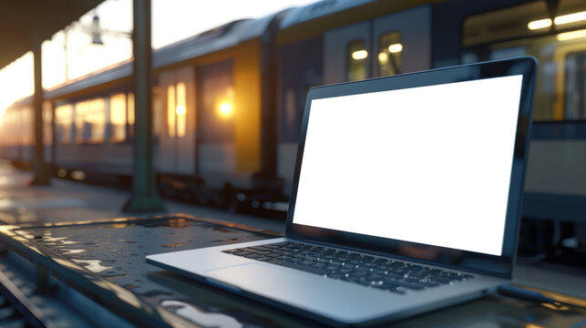An image showcasing a laptop with a bright screen placed on a platform bench as the sun sets, with trains and station in the soft focus background