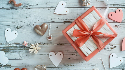 A charming coral gift box tied with a ribbon, surrounded by whimsical heart-shaped trinkets on a distressed white wooden background.
