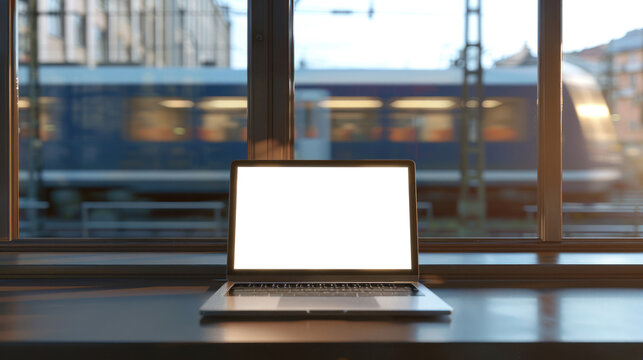 A laptop on a window sill inside a train station, symbolizing work and travel amid technology