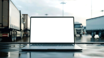 A laptop placed on the wet concrete in a commercial area with trucks and a cloudy sky in the backdrop