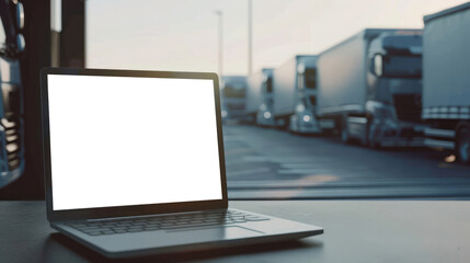 An open laptop with a mock-up blank screen stands in focus with logistic trucks parked in the background, indicating logistics management or technology in transport