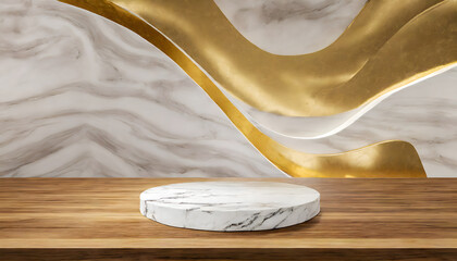 White marble product display podium on wooden countertop with wave textured glass wall . Generative AI.
