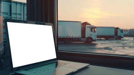 This shot captures a laptop with an empty screen near a lineup of stationary transport trucks, conveys the integration of modern tech with transport logistics