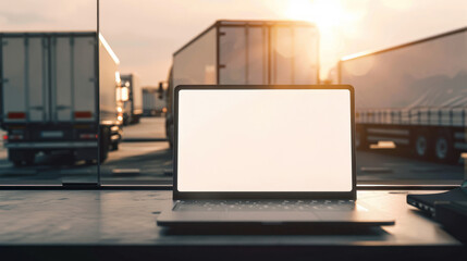 The serene scene of a setting sun behind rows of parked delivery trucks is captured through the open laptop, suggesting work and progress - Powered by Adobe