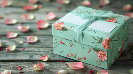 A charming mint green gift box adorned with floral motifs, set against a background of scattered rose petals on a vintage wooden table.