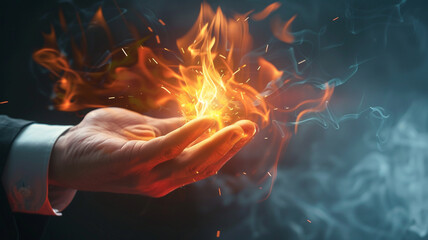 Macro view of a businessman's hand enveloping a fiery bolt of power, symbolizing dominance.