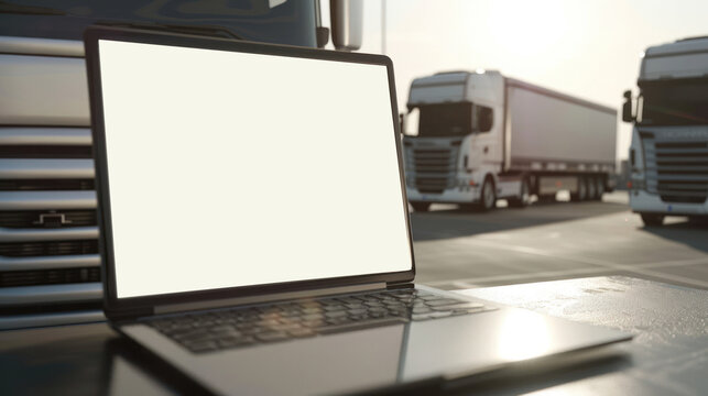An image capturing a laptop with a blank screen amidst the backdrop of parked semi-trucks during twilight hours